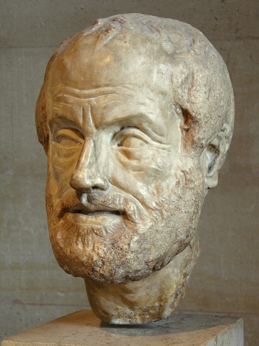 Marble bust of Aristotle, Roman copy after a Greek original: a weathered portrait head of a bearded man on a plain plinth, turned slightly to one side.